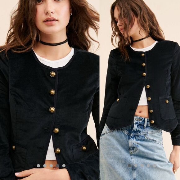 FREE PEOPLE Becky Black Velvet Military Jacket | Medium | Brass Button Detail “ - Picture 4 of 13